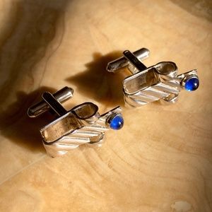 Vintage Spiegel Chrome & Blue Cabochon Cufflinks – Mid-Century Modern  c.60s–70s